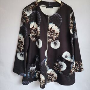 Bryn Walker Zip Jacket Medium Oversized Black Dandelion Print Zip Pockets Luxury